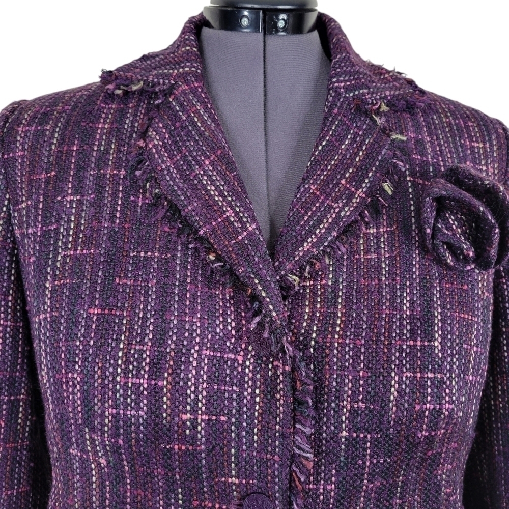 Sag Harbor Tweed Blazer Size 16W Fringe Trim Pockets Removable Pin Purple New - Picture 3 of 15